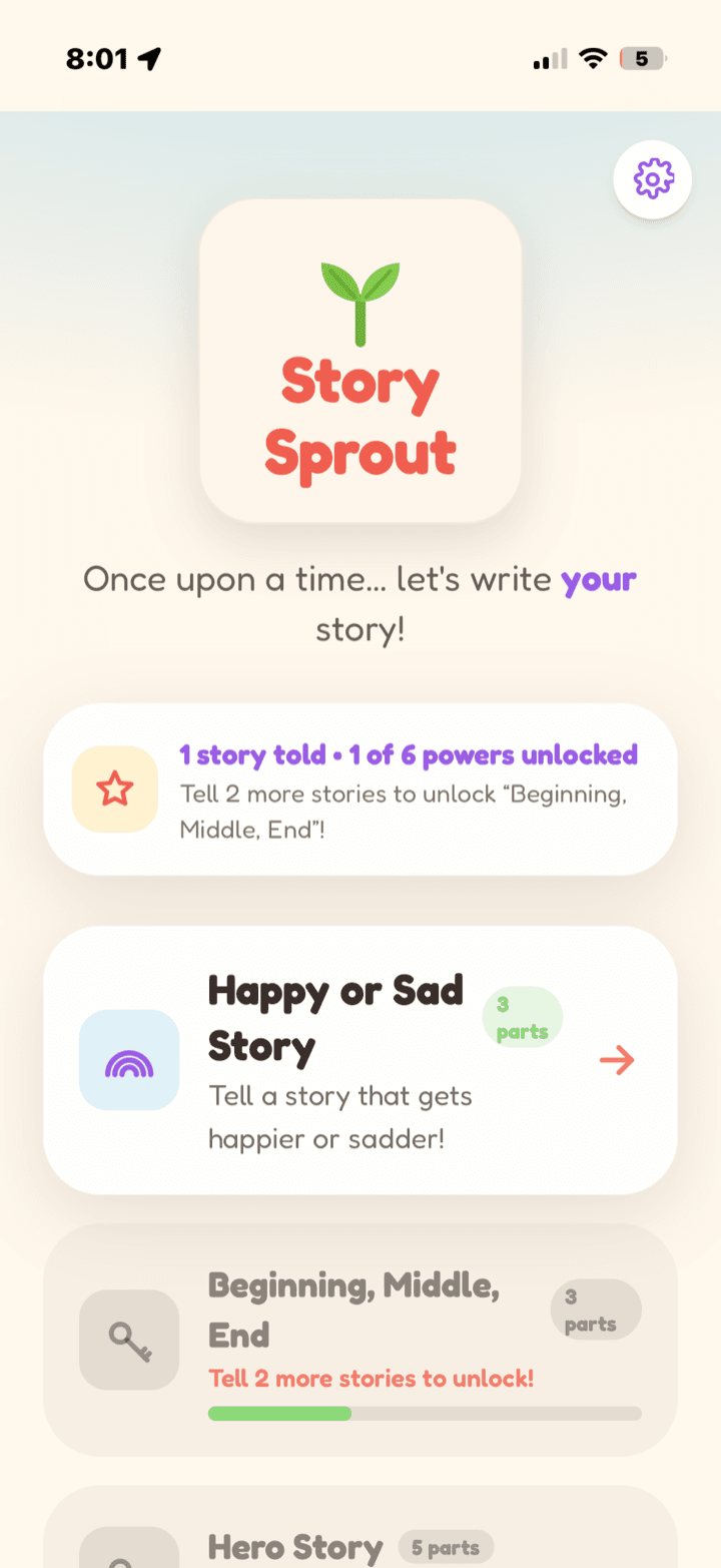 The StorySprout app home screen — “Once upon a time… let’s write your story!”
